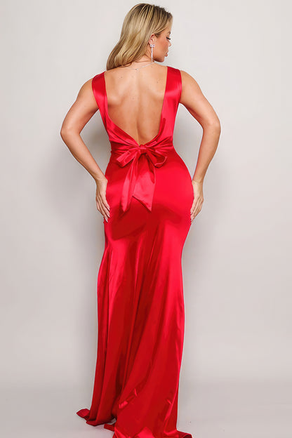 Sleeveless Deep V Low Back Bow Maxi Dress™