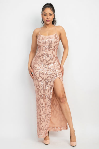 Sequin Back-crisscross Tie Slit Dress