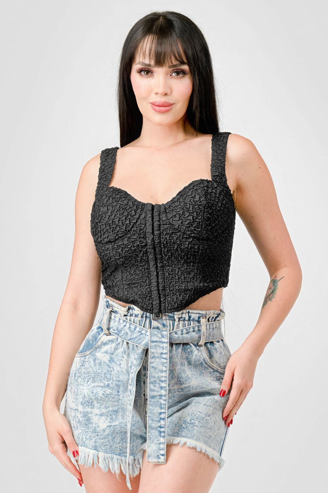 Crinkle Stretch Knit Sweetheart Hooked Bustier Cropped Top