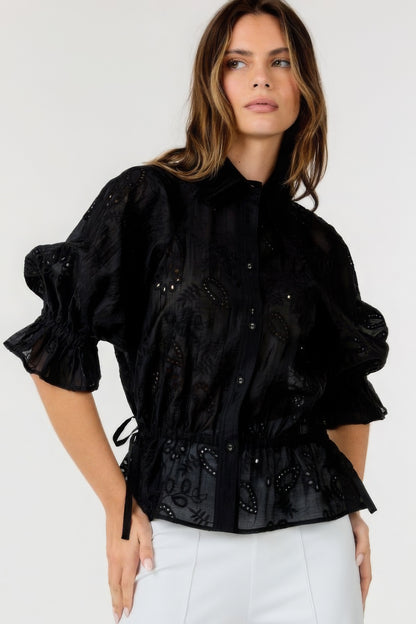 Button-down Collar Neck Embroidered Top