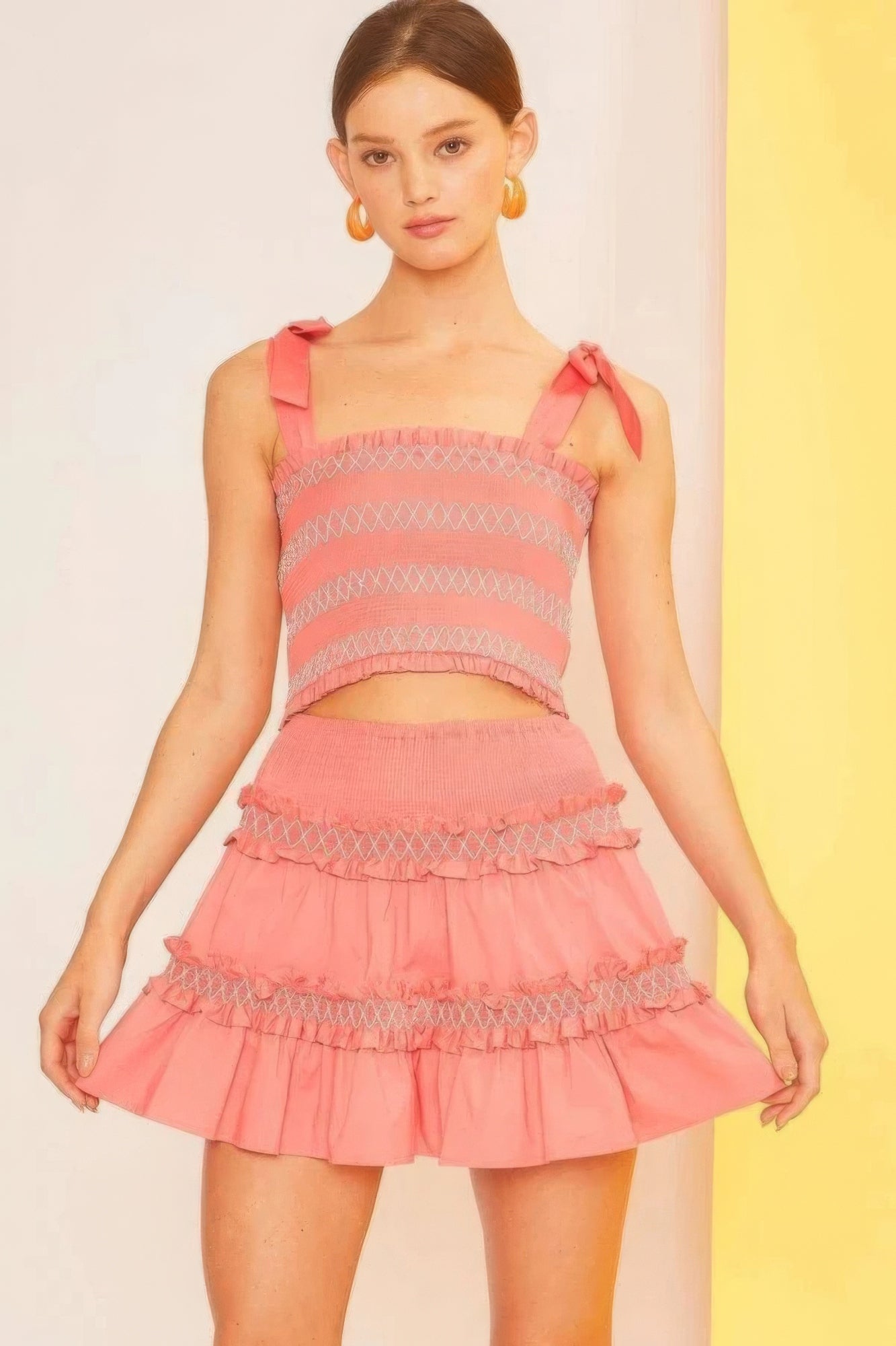 Self Tie Shoulder Smocking Ruffle Crop Top