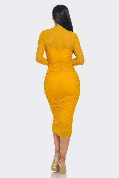 Solid Mesh Ruched Midi Dress