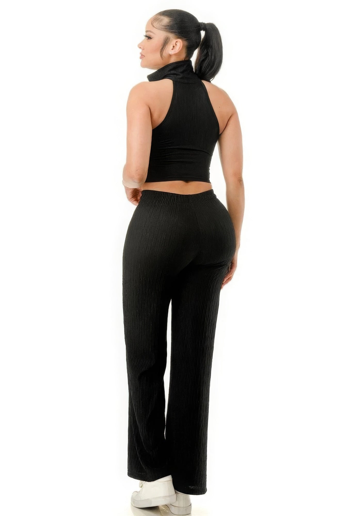 Crinkle Wide Pants Set Zipper