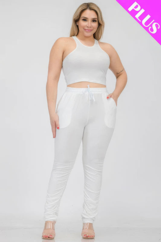 Plus Size Crop Tank Top & Ruched Pants Set